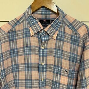 Vineyard Vines Spring Classic Fit Tucker Pink Blue White Plaid Linen Shirt XL